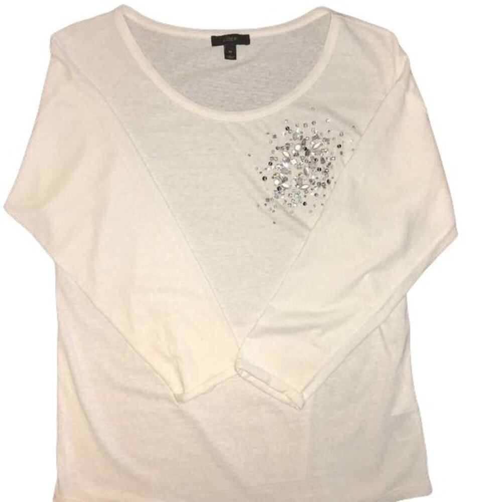 J Crew Soft Cream Top Cotton Comfy Scoop Neck Embellished Long Sleeves Medium
